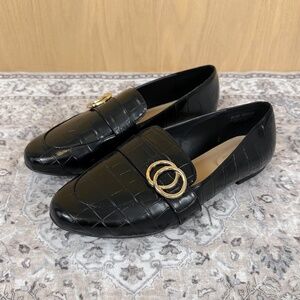 C Comfort Black Croc Loafers Gold Hardware
